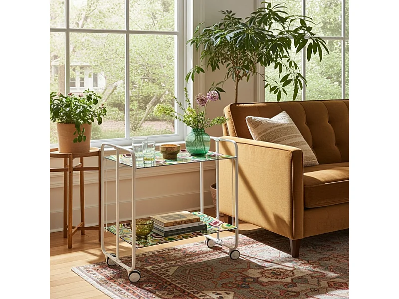 Carrito auxiliar plegable con ruedas - Estructura metálica blanca, 2 estantes laminados Decorado Vintage 5 – 72*66*43 cm - BAUHAUS