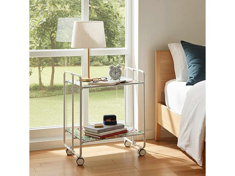 Carrito auxiliar plegable con ruedas - Estructura metálica blanca, 2 estantes laminados Decorado Vintage 5 – 72*66*43 cm - BAUHAUS