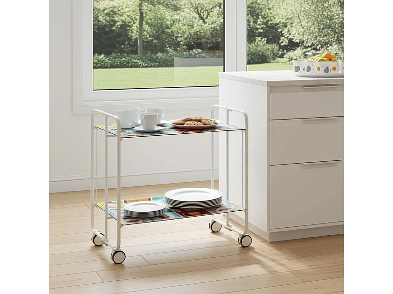Chariot pliant à roulettes, table pliante roulante, desserte - Structure métallique blanche, 2 niveaux en stratifié motif Vintage2  - 72*66*43 cm - BAUHAUS