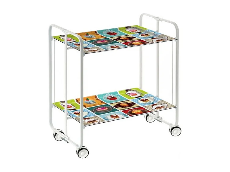 Chariot pliant à roulettes, table pliante roulante, desserte - Structure métallique blanche, 2 niveaux en stratifié motif Vintage2  - 72*66*43 cm - BAUHAUS