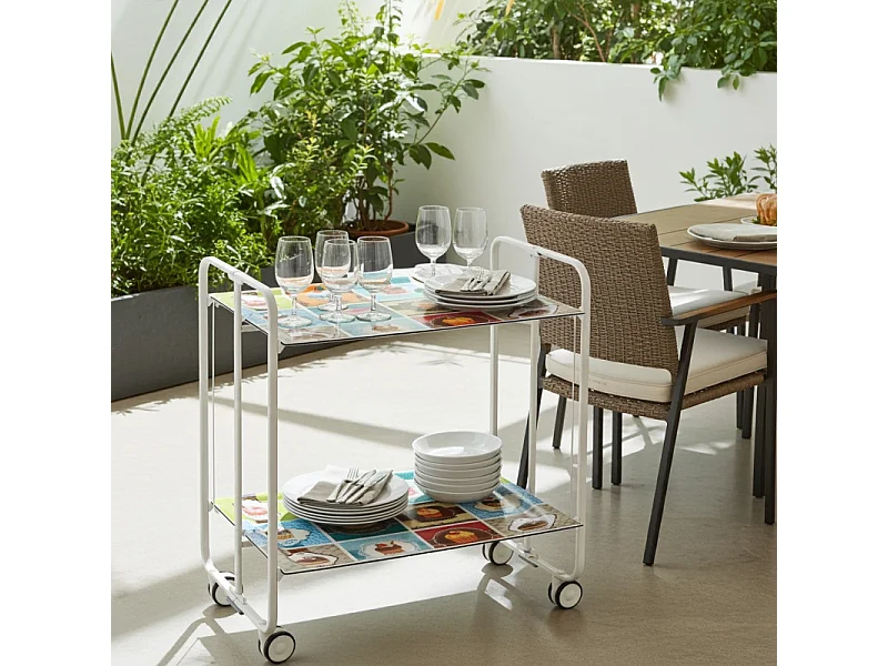 Chariot pliant à roulettes, table pliante roulante, desserte - Structure métallique blanche, 2 niveaux en stratifié motif Vintage2  - 72*66*43 cm - BAUHAUS