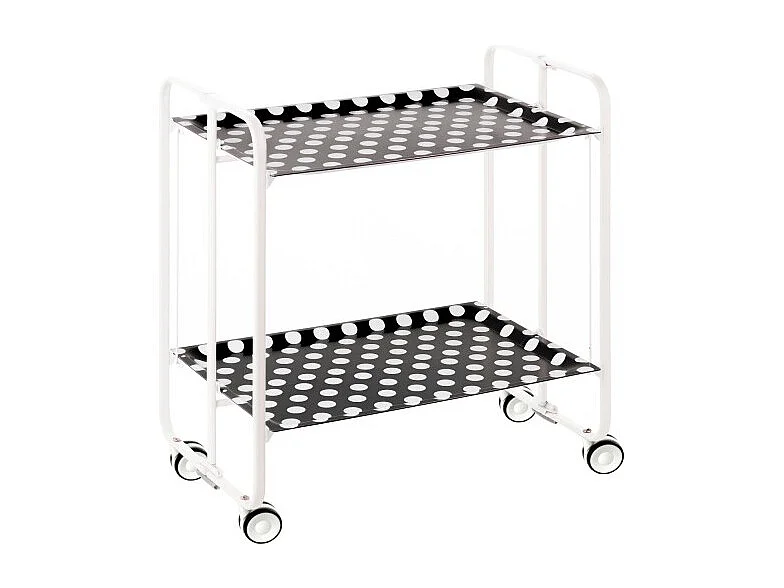 Carrito auxiliar plegable con ruedas - Estructura metálica blanca, 2 estantes laminados círculos blancos fondo negro – 72*66*43 cm - BAUHAUS