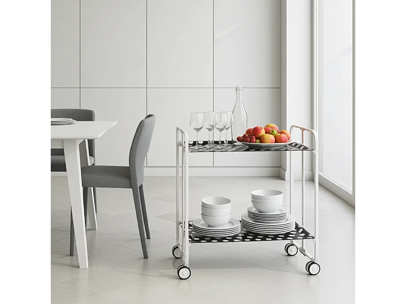 Servierwagen, klappbar, 2 Böden, weißer Rahmen - 2 Ablagen mit weißen Kreisen und schwarzer Rückwand laminiert  - 72*66*43 cm - BAUHAUS