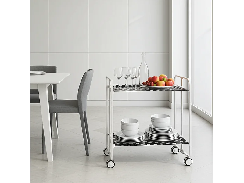 Servierwagen, klappbar, 2 Böden, weißer Rahmen - 2 Ablagen mit weißen Kreisen und schwarzer Rückwand laminiert  - 72*66*43 cm - BAUHAUS