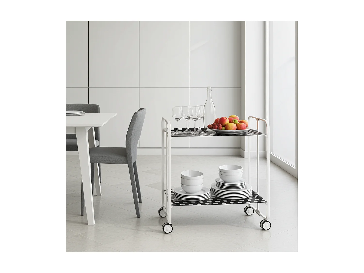 Carrito auxiliar plegable con ruedas - Estructura metálica blanca, 2 estantes laminados círculos blancos fondo negro – 72*66*43 cm - BAUHAUS