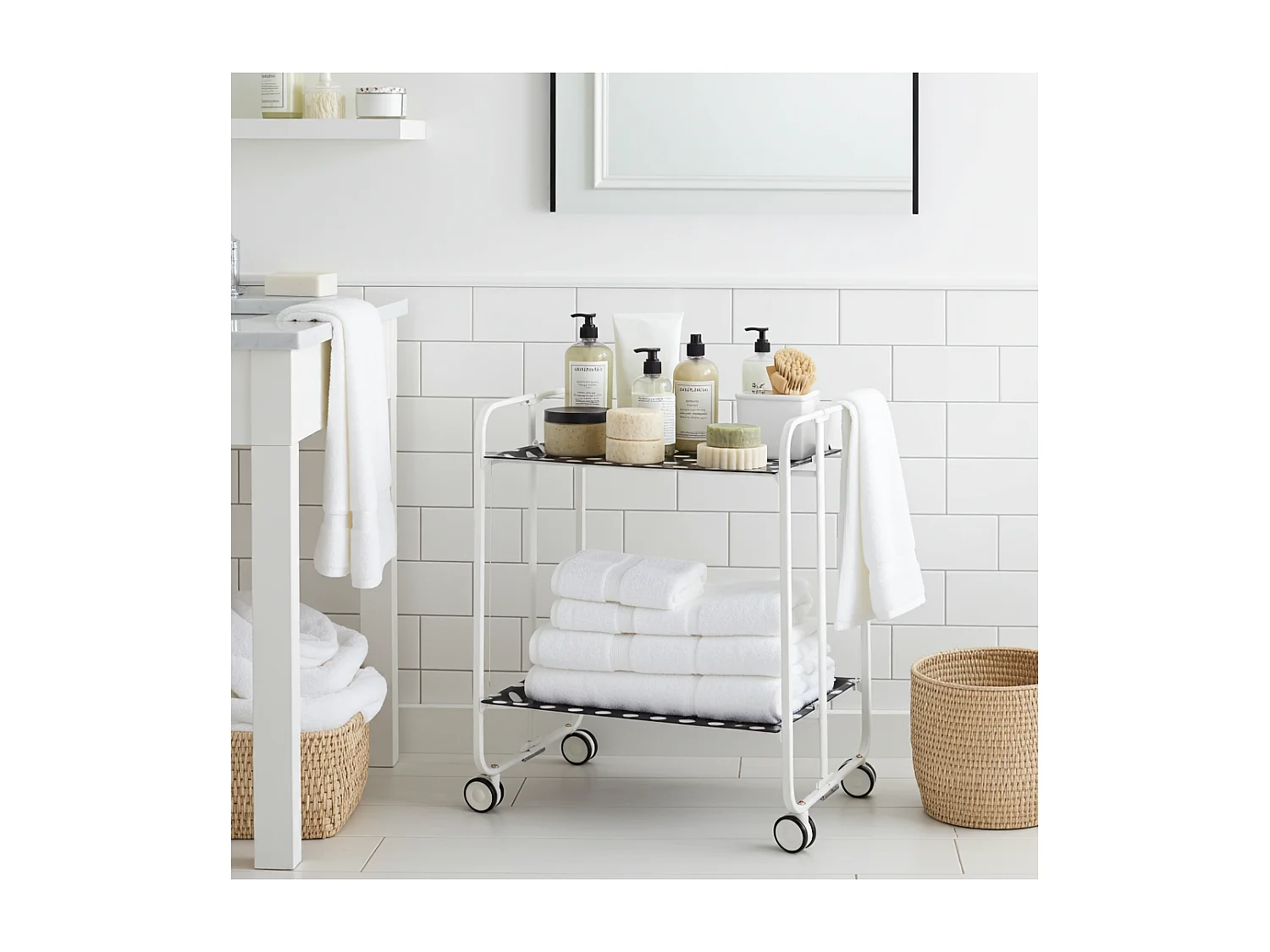 Carrito auxiliar plegable con ruedas - Estructura metálica blanca, 2 estantes laminados círculos blancos fondo negro – 72*66*43 cm - BAUHAUS