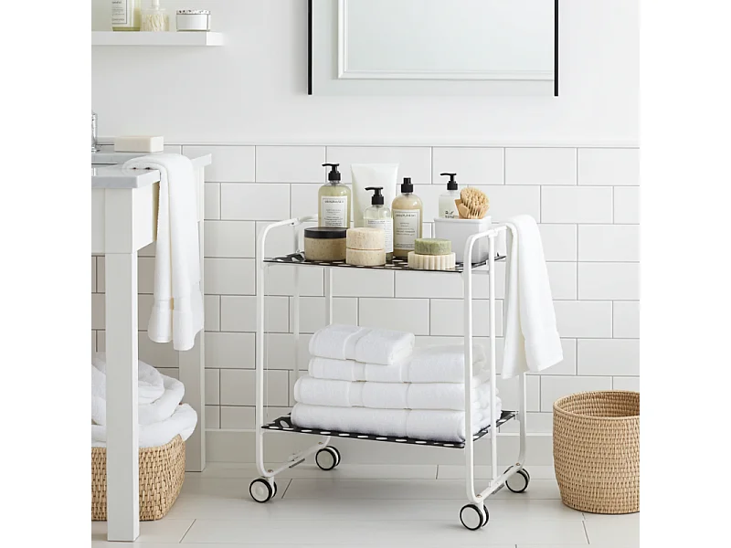 Carrello pieghevole con ruote - Struttura in metallo bianco,2 ripiani in laminato Disegno Cerchi bianchi fondo nero - 72*66*43 cm - BAUHAUS