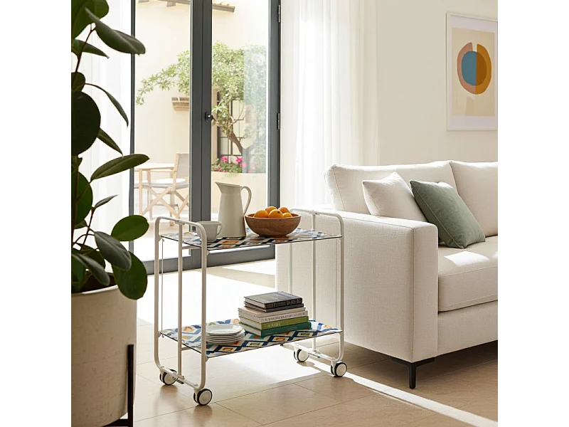 Servierwagen, klappbar, 2 Böden, weißer Rahmen - Laminatboden mit Vintage-Design 6 - 72*66*43 cm - BAUHAUS