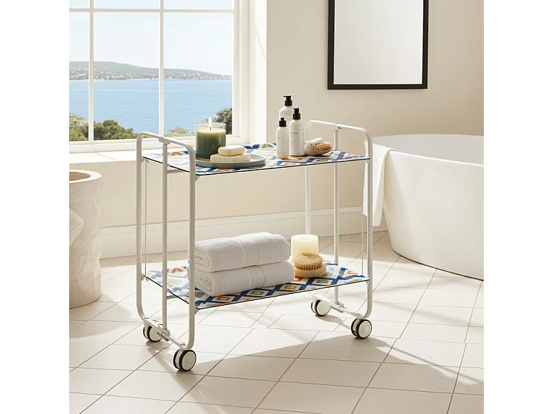 Servierwagen, klappbar, 2 Böden, weißer Rahmen - Laminatboden mit Vintage-Design 6 - 72*66*43 cm - BAUHAUS