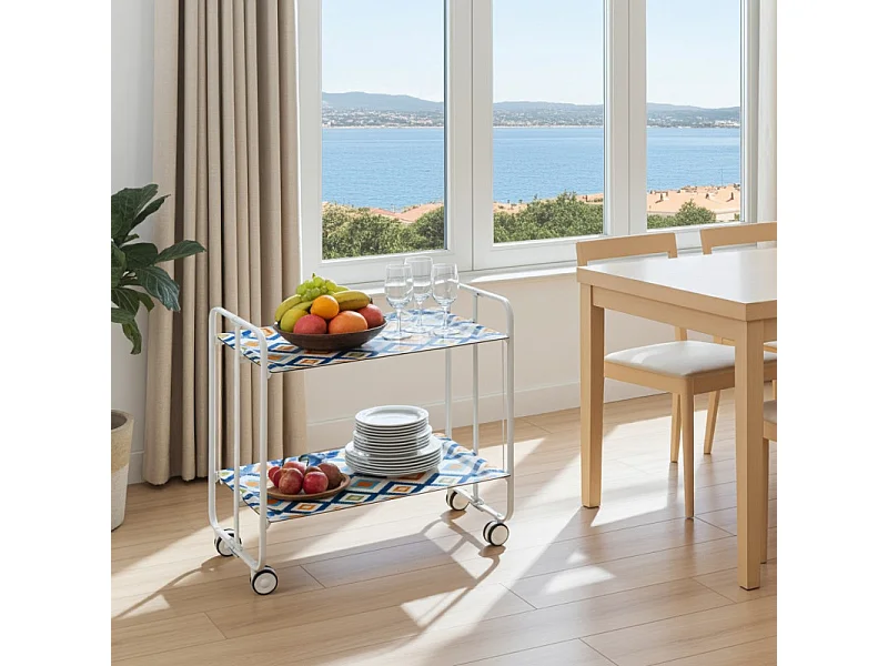 Servierwagen, klappbar, 2 Böden, weißer Rahmen - Laminatboden mit Vintage-Design 6 - 72*66*43 cm - BAUHAUS