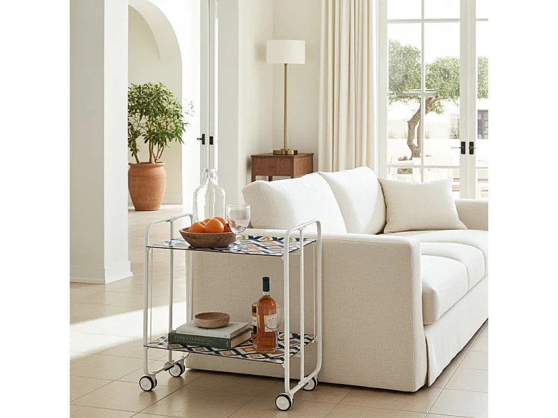 Carrito auxiliar plegable con ruedas - Estructura metálica blanca, 2 estantes laminados Decorado Vintage6 – 72*66*43 cm - BAUHAUS