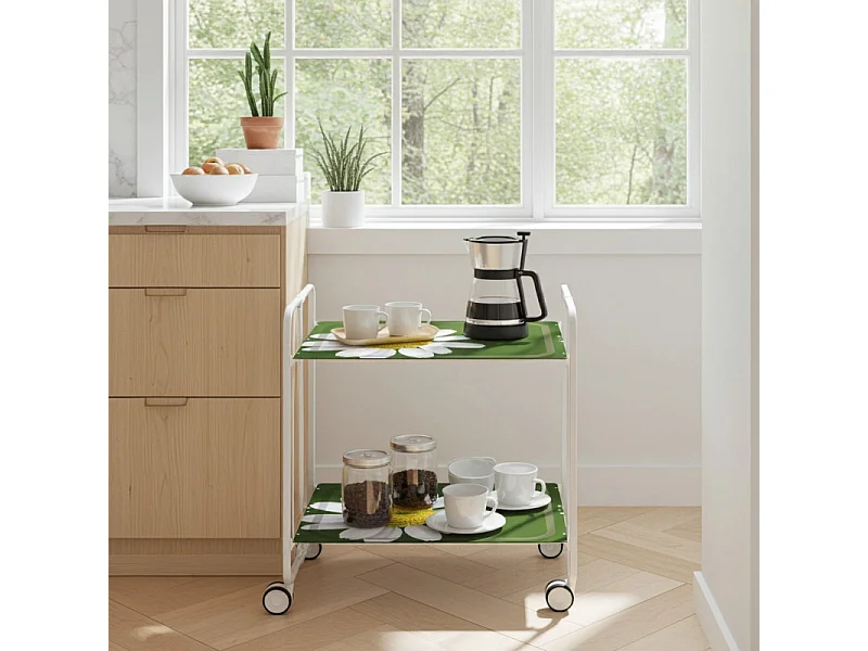 Servierwagen, klappbar, 2 Böden, weißer Rahmen - Laminatboden mit Dekorierte Kamille  - 72*66*43 cm - BAUHAUS