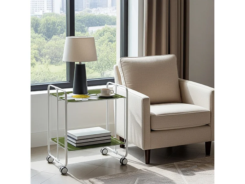 Servierwagen, klappbar, 2 Böden, weißer Rahmen - Laminatboden mit Dekorierte Kamille  - 72*66*43 cm - BAUHAUS