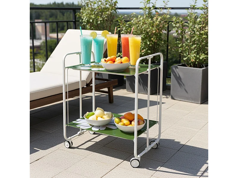 Chariot pliant à roulettes, table pliante roulante, desserte - Structure métallique blanche, 2 niveaux en stratifié motif Camomille  - 72*66*43 cm - BAUHAUS