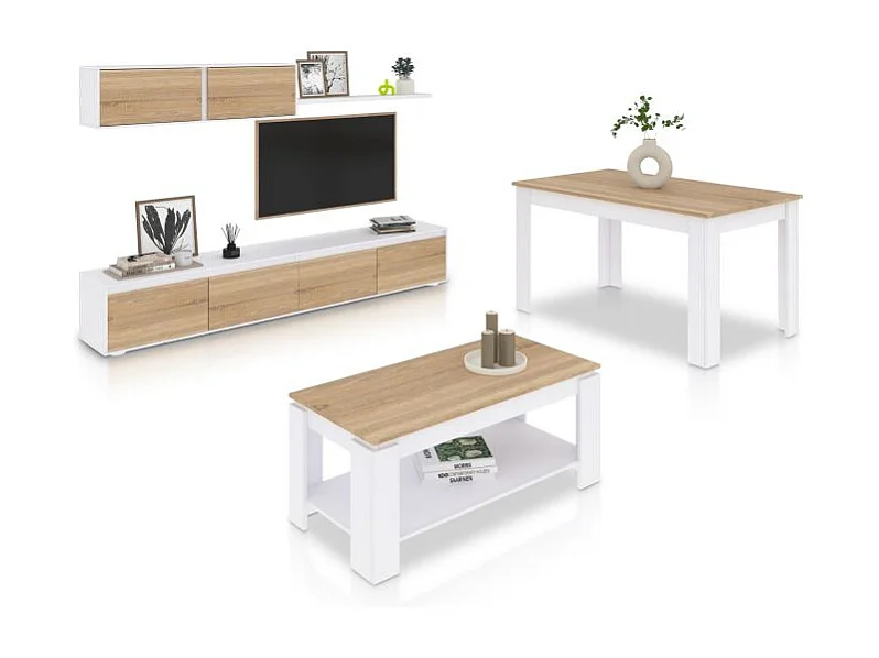 Pack salón con mesa de centro y mesa de comedor Arlet Max Blanco Artik (Blanco Mate) - Roble Canadian