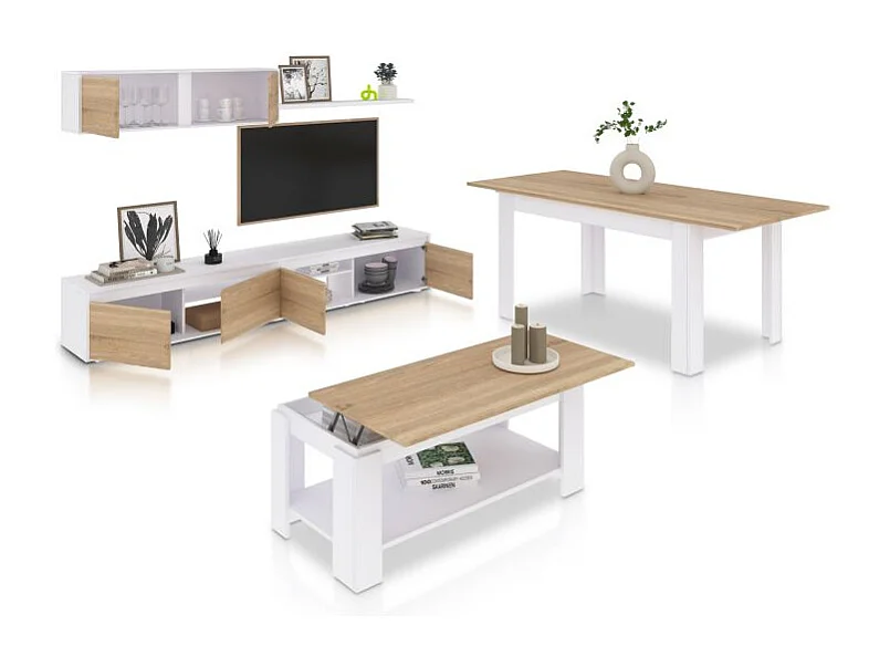 Pack salón con mesa de centro y mesa de comedor Arlet Max Blanco Artik (Blanco Mate) - Roble Canadian