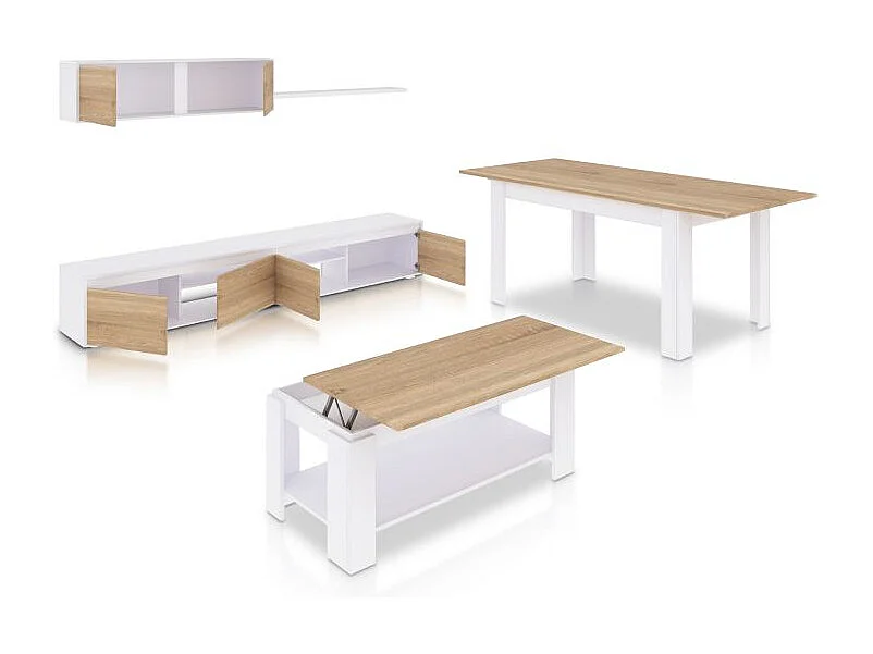 Pack salón con mesa de centro y mesa de comedor Arlet Max Blanco Artik (Blanco Mate) - Roble Canadian