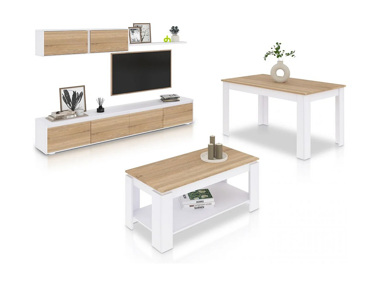 Pack salón con mesa de centro y mesa de comedor Arlet Max Blanco Artik (Blanco Mate) - Roble Canadian