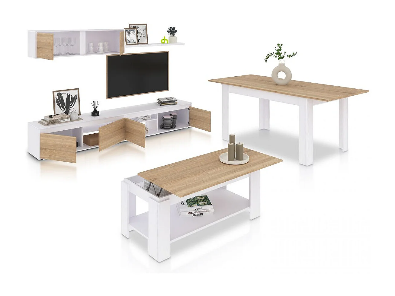 Pack salón con mesa de centro y mesa de comedor Arlet Max Blanco Artik (Blanco Mate) - Roble Canadian