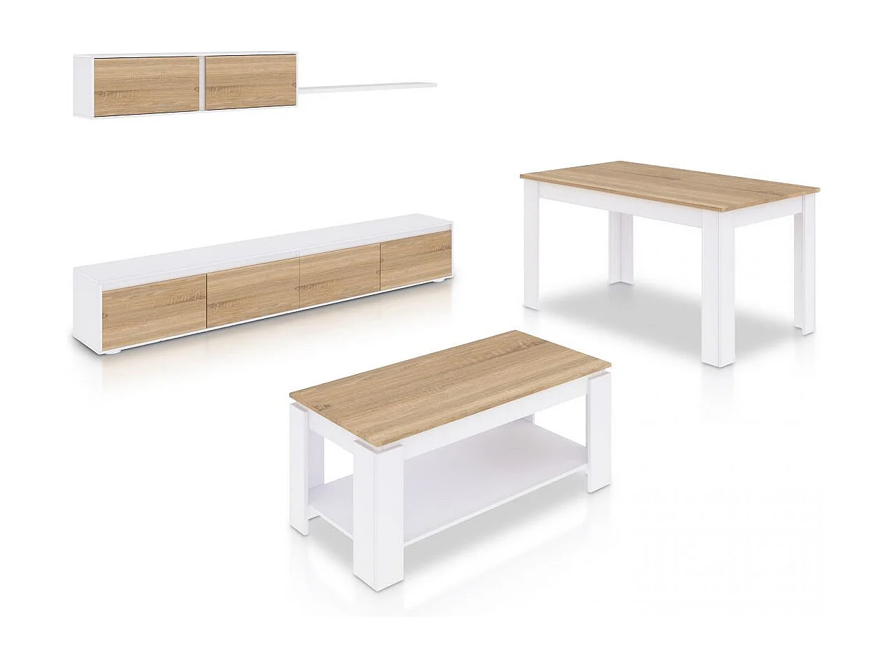 Pack salón con mesa de centro y mesa de comedor Arlet Max Blanco Artik (Blanco Mate) - Roble Canadian