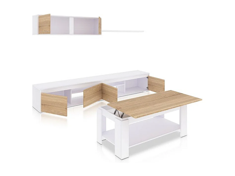 Pack salón con mesa de centro Arlet Plus Blanco Artik (Blanco Mate) - Roble Canadian