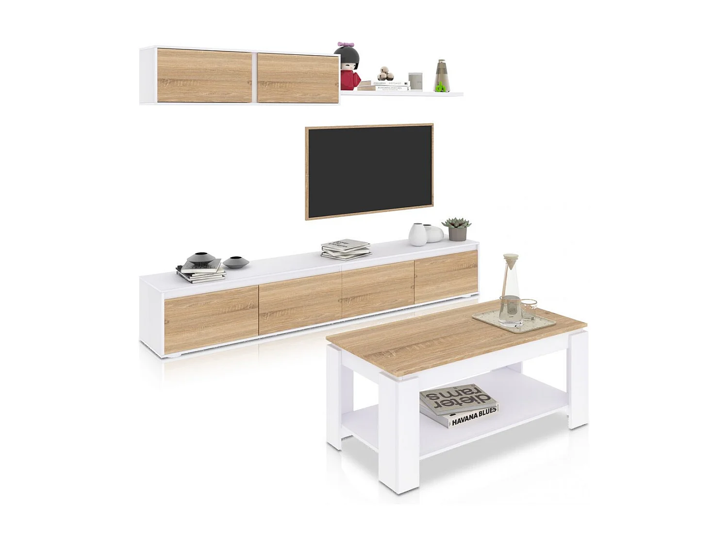 Pack salón con mesa de centro Arlet Plus Blanco Artik (Blanco Mate) - Roble Canadian