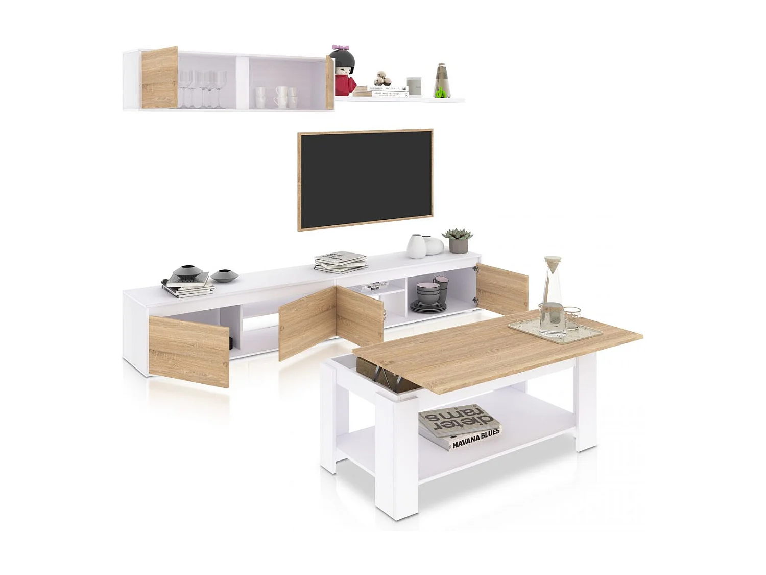 Pack salón con mesa de centro Arlet Plus Blanco Artik (Blanco Mate) - Roble Canadian