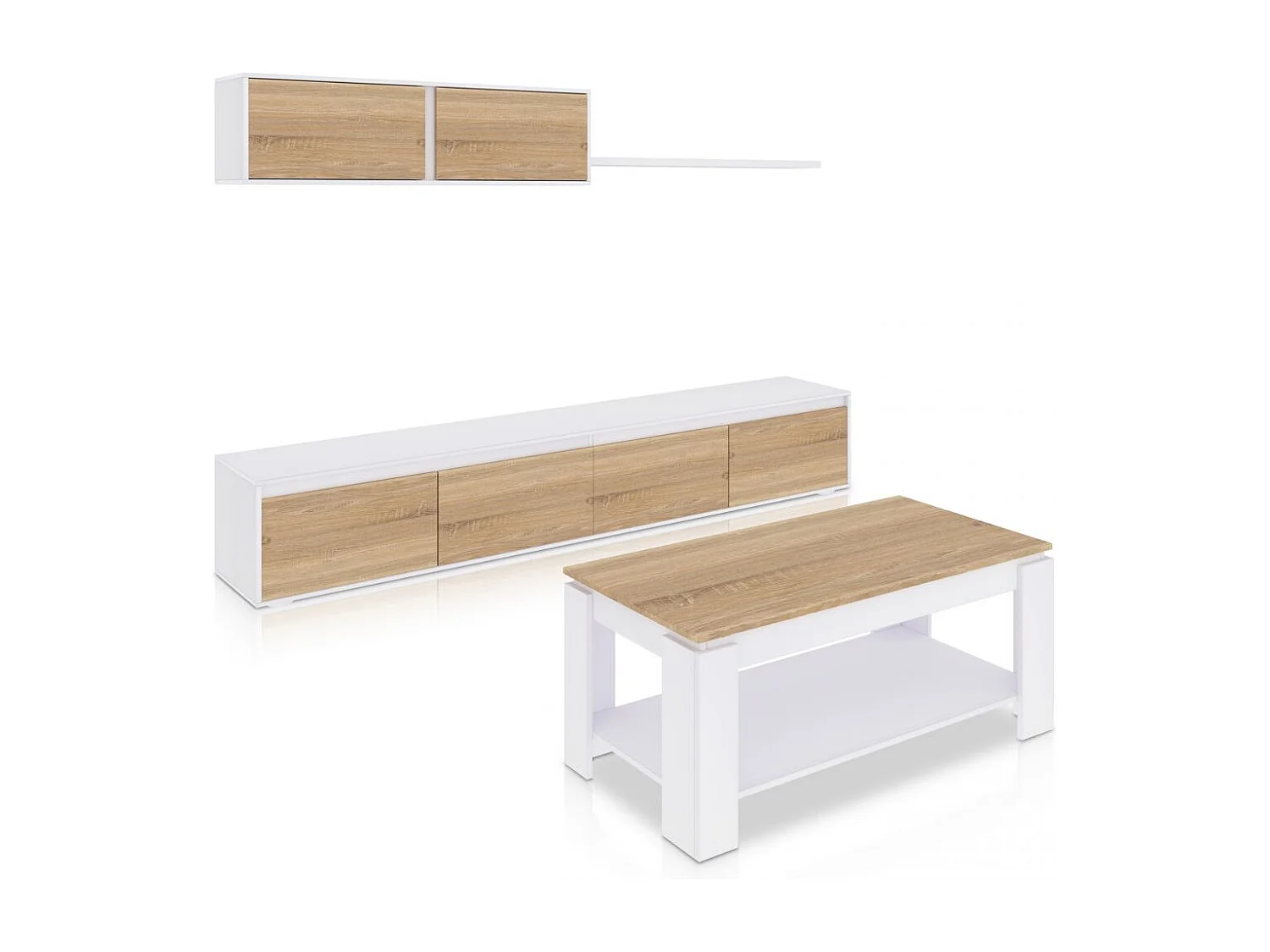 Pack salón con mesa de centro Arlet Plus Blanco Artik (Blanco Mate) - Roble Canadian