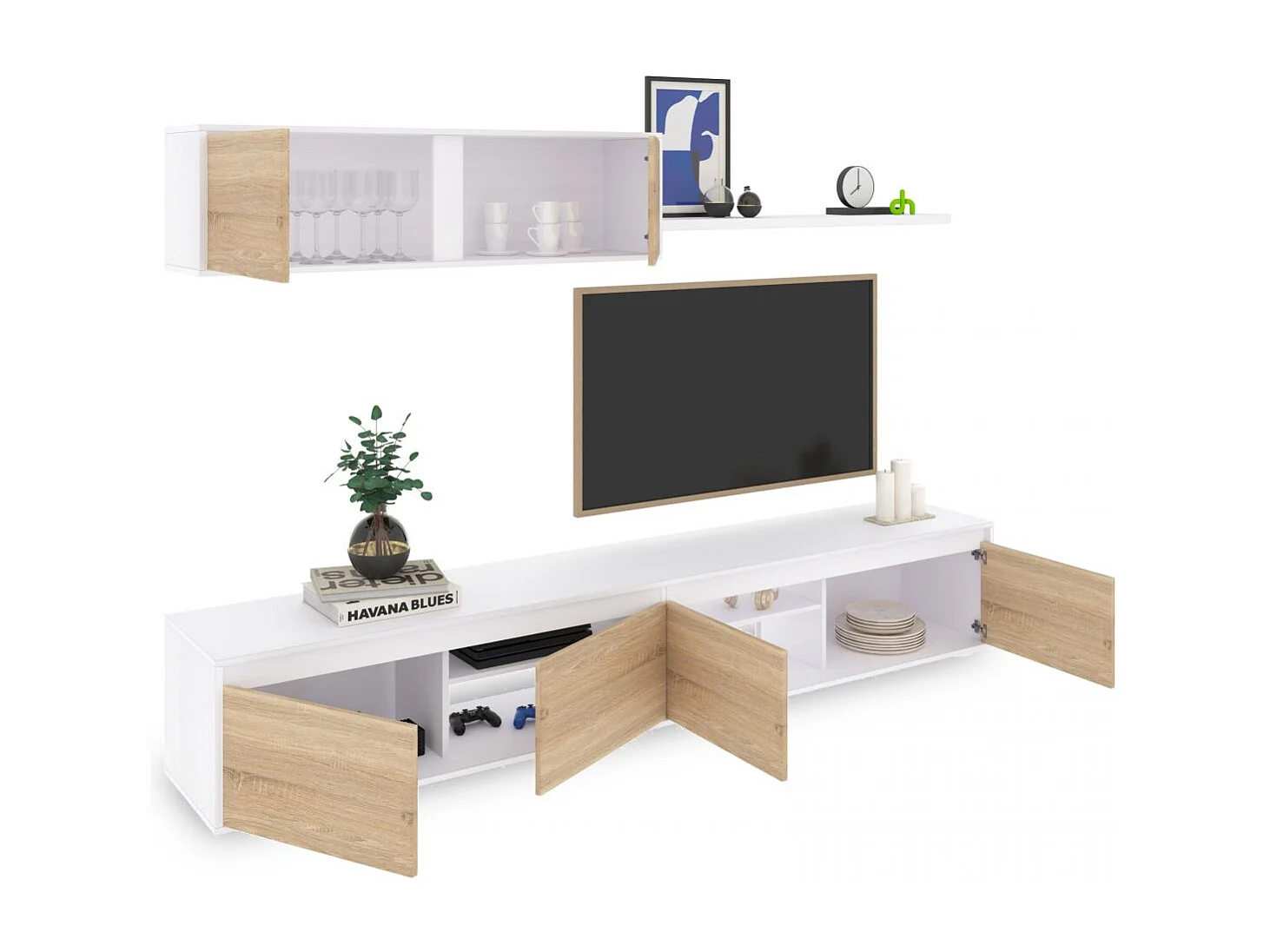 Salón con mueble de TV y estantería en blanco mate y roble canadian 200 cm Arlet Blanco Artik (Blanco Mate) - Roble Canadian