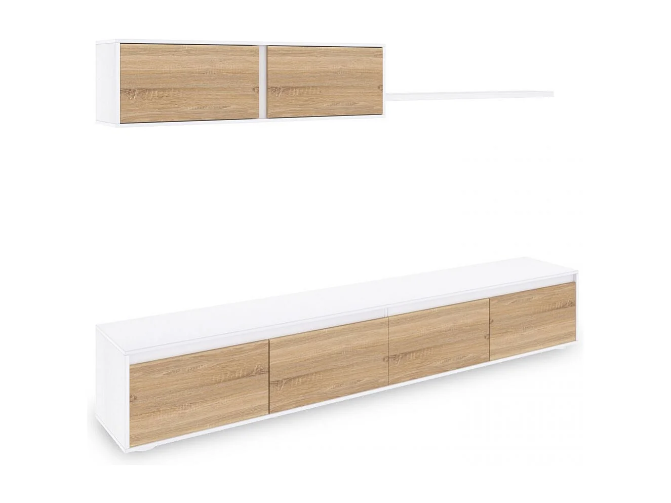 Salón con mueble de TV y estantería en blanco mate y roble canadian 200 cm Arlet Blanco Artik (Blanco Mate) - Roble Canadian