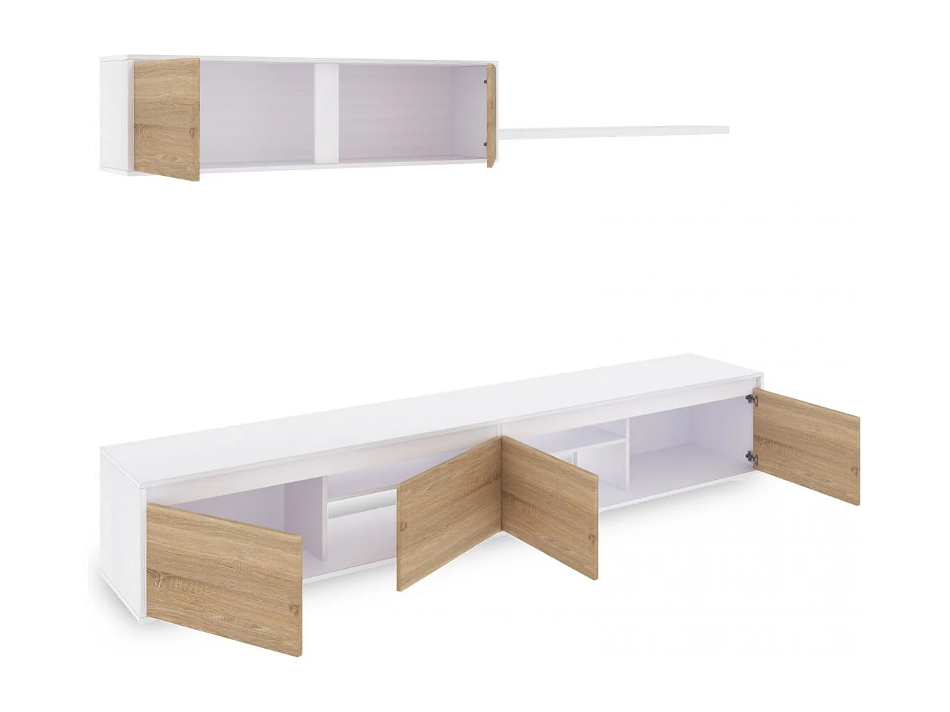 Salón con mueble de TV y estantería en blanco mate y roble canadian 200 cm Arlet Blanco Artik (Blanco Mate) - Roble Canadian