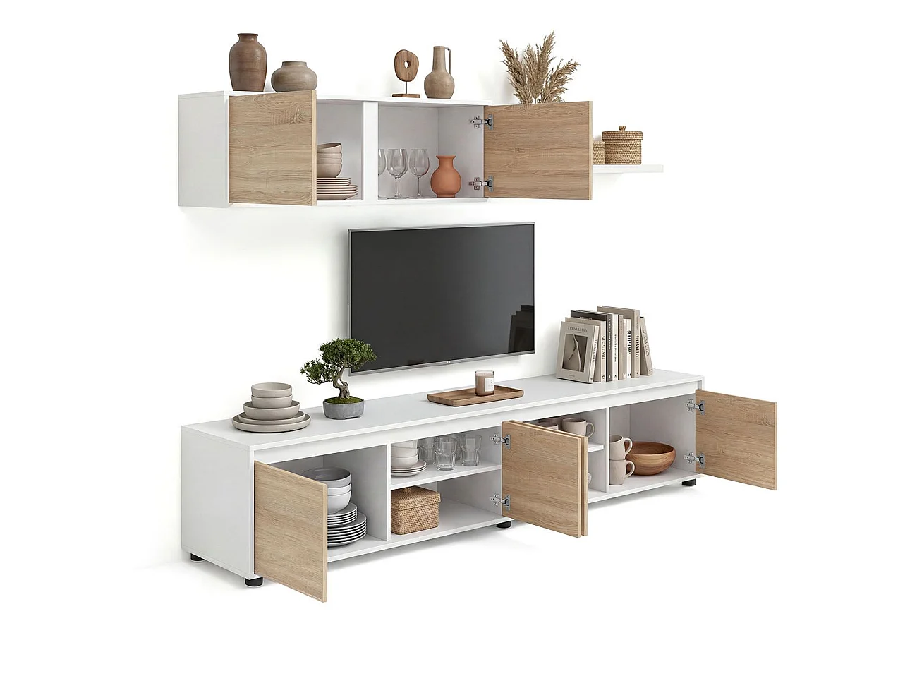 Sala de estar com móvel de televisão e estante de 200 cm Arlet Blanco Artik (Blanco Mate) - Roble Canadian