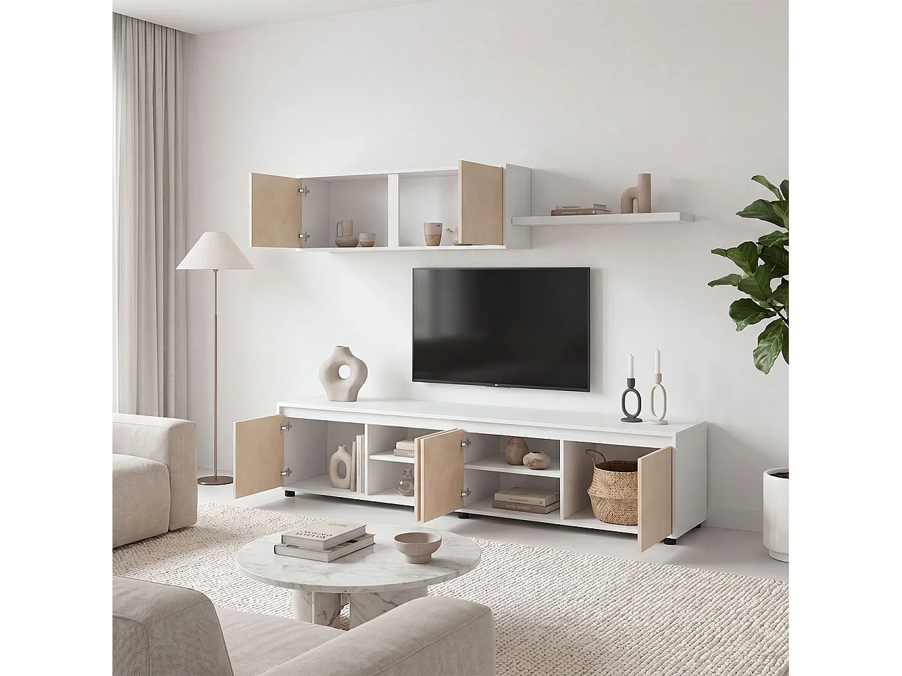 Sala de estar com móvel de televisão e estante de 200 cm Arlet Blanco Artik (Blanco Mate) - Roble Canadian