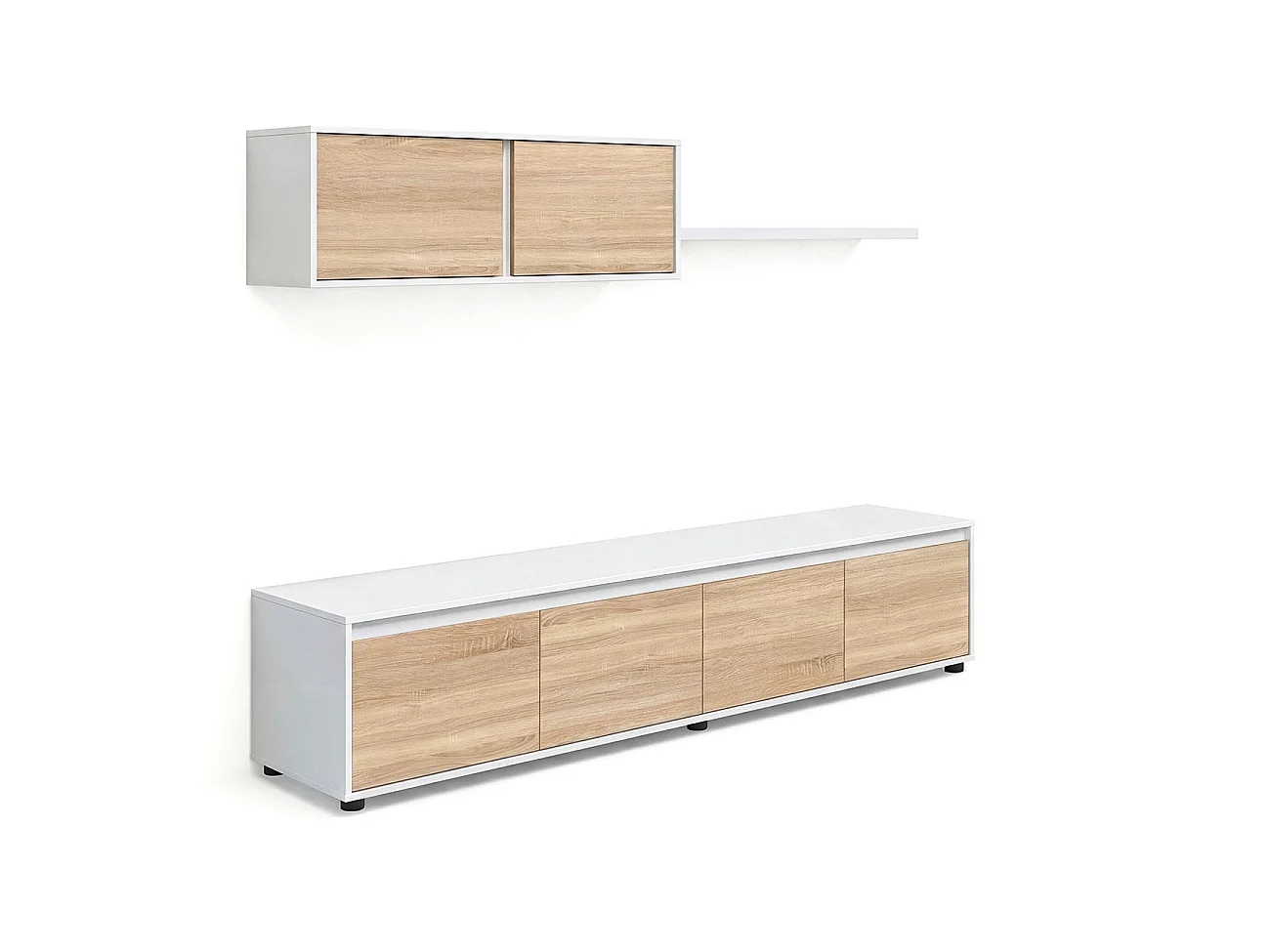 Sala de estar com móvel de televisão e estante de 200 cm Arlet Blanco Artik (Blanco Mate) - Roble Canadian