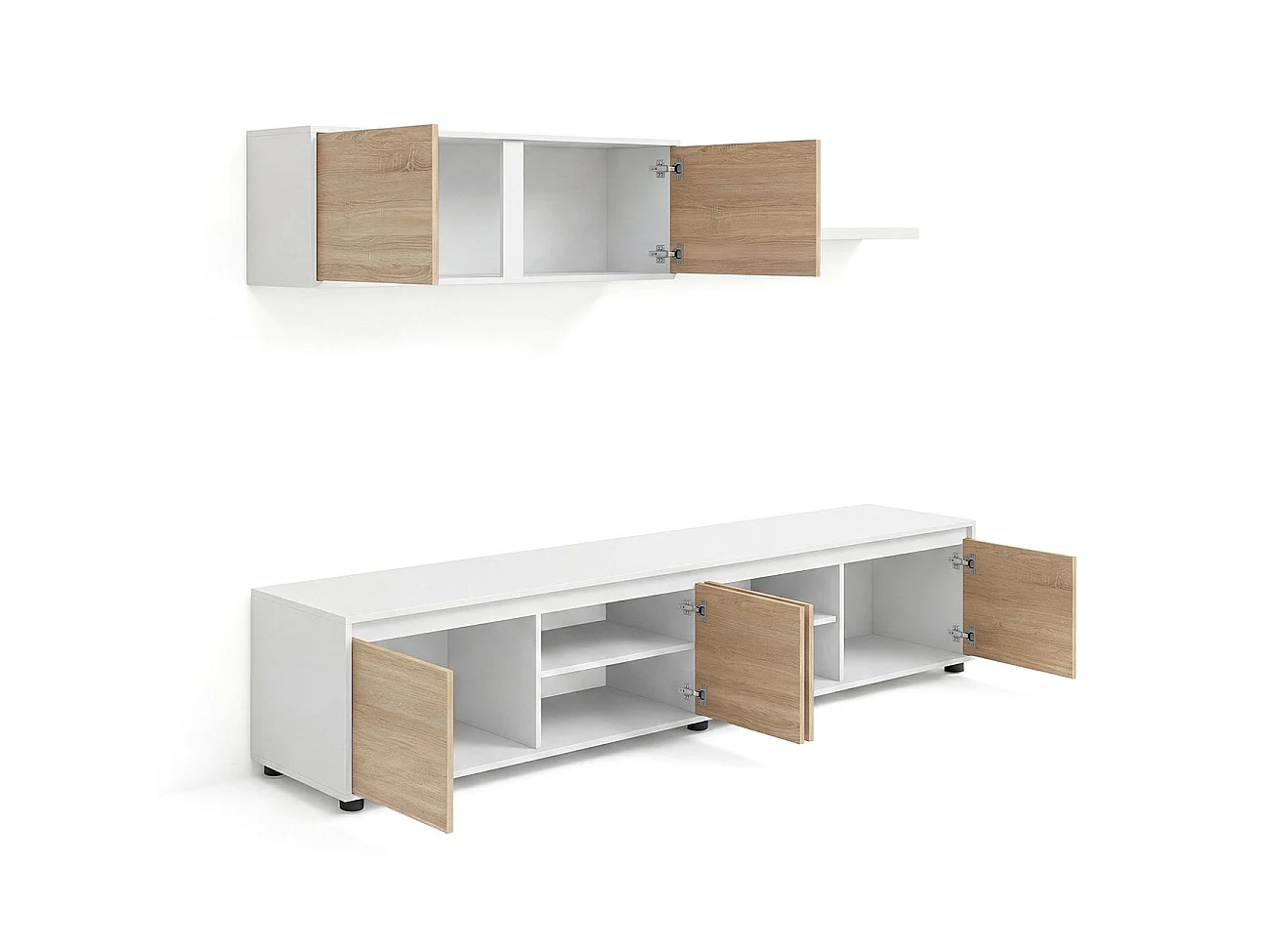 Sala de estar com móvel de televisão e estante de 200 cm Arlet Blanco Artik (Blanco Mate) - Roble Canadian