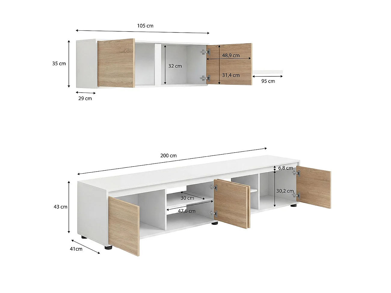 Sala de estar com móvel de televisão e estante de 200 cm Arlet Blanco Artik (Blanco Mate) - Roble Canadian