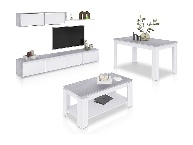 Pack salón con mesa de centro y mesa de comedor Arlet Max Blanco Artik (Blanco Mate) - Gris Cemento