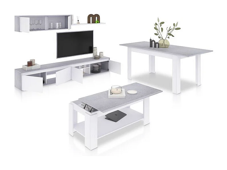 Pack salón con mesa de centro y mesa de comedor Arlet Max Blanco Artik (Blanco Mate) - Gris Cemento
