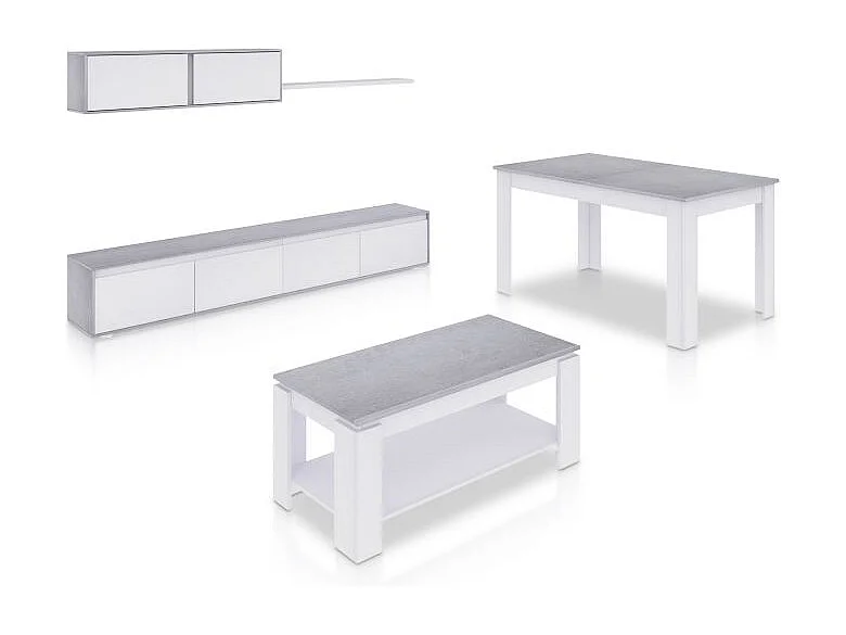 Pack salón con mesa de centro y mesa de comedor Arlet Max Blanco Artik (Blanco Mate) - Gris Cemento