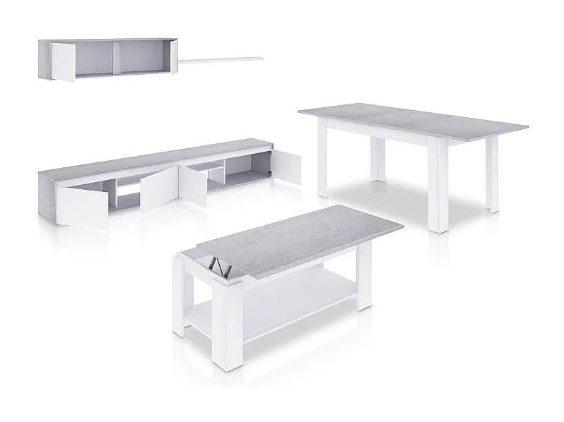 Pack salón con mesa de centro y mesa de comedor Arlet Max Blanco Artik (Blanco Mate) - Gris Cemento