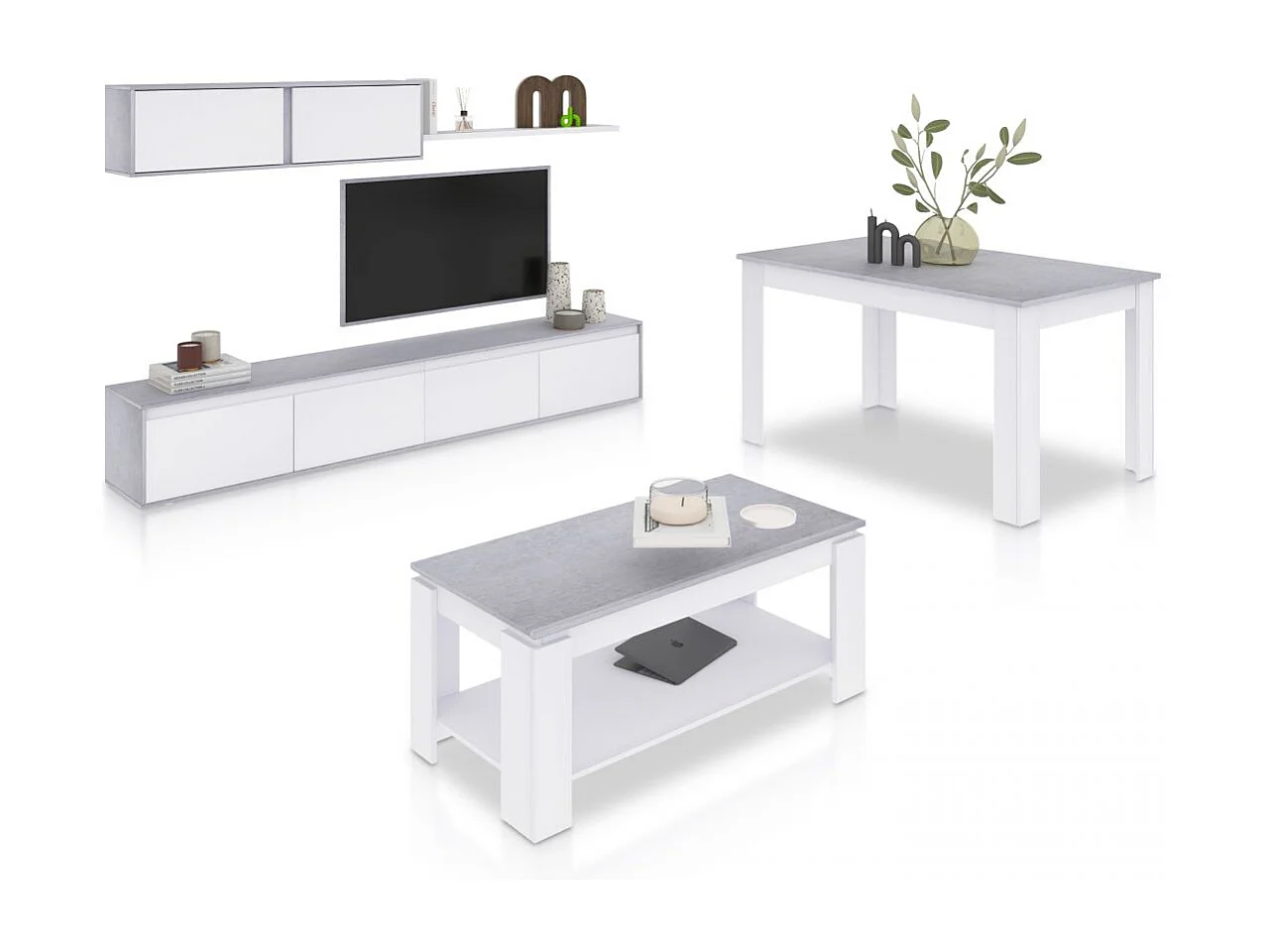 Pack salón con mesa de centro y mesa de comedor Arlet Max Blanco Artik (Blanco Mate) - Gris Cemento