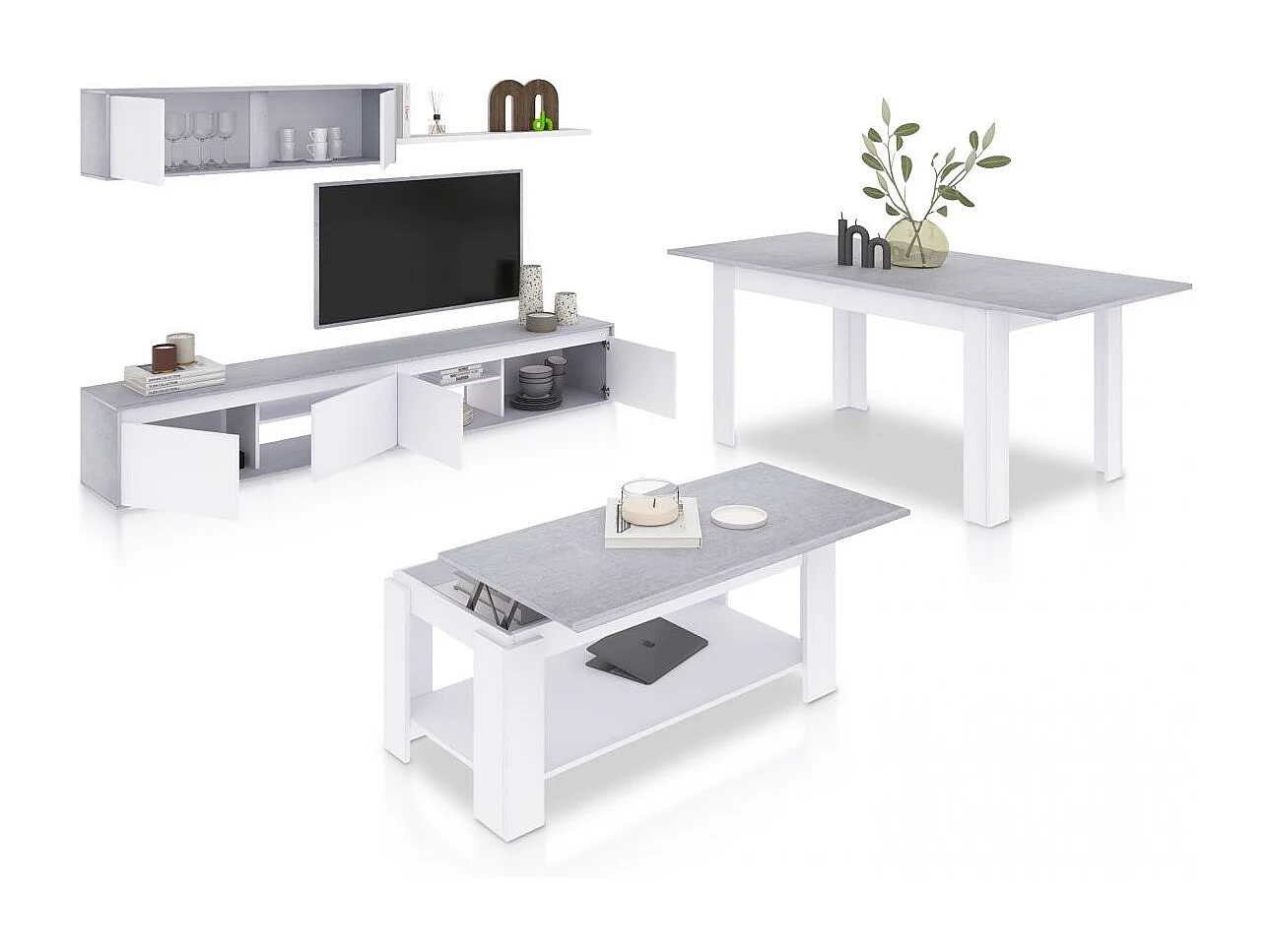 Pack salón con mesa de centro y mesa de comedor Arlet Max Blanco Artik (Blanco Mate) - Gris Cemento