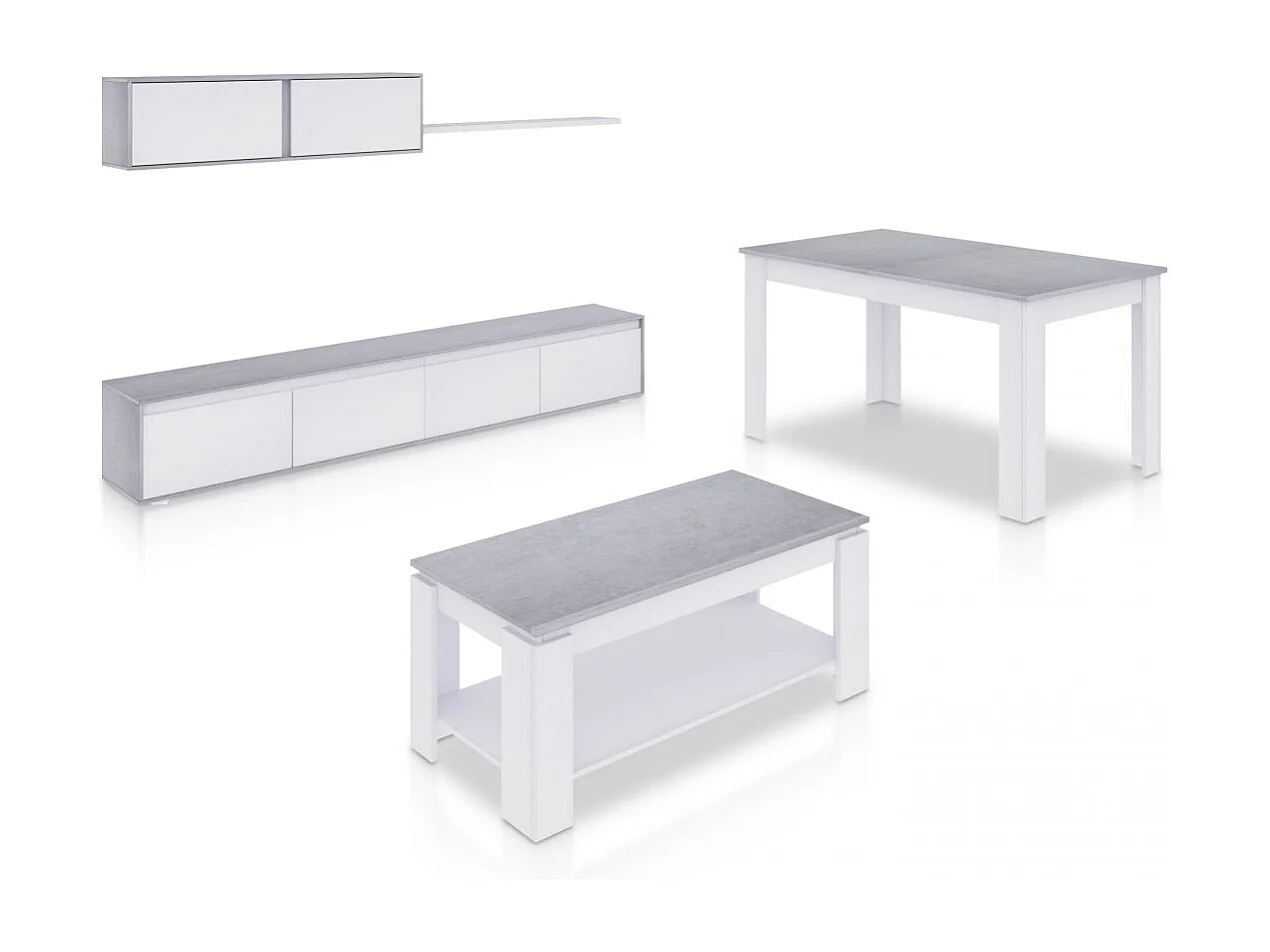 Pack salón con mesa de centro y mesa de comedor Arlet Max Blanco Artik (Blanco Mate) - Gris Cemento