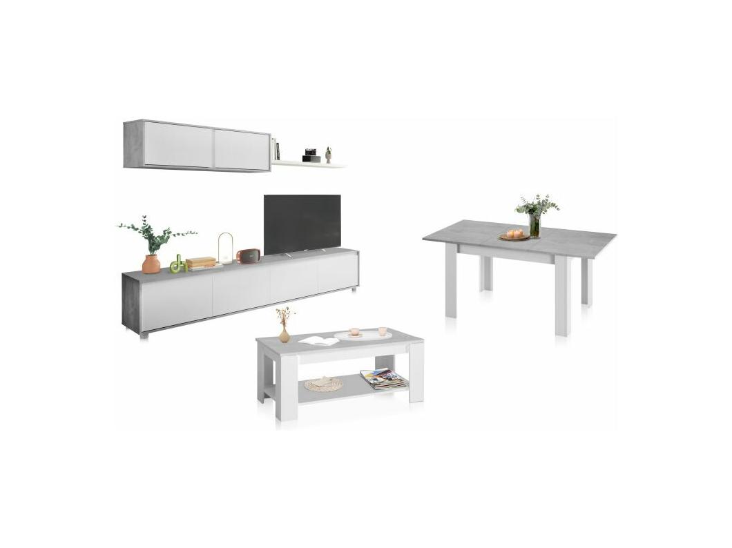 Pack salón con mesa de centro y mesa de comedor Arlet Max Blanco Artik (Blanco Mate) - Gris Cemento