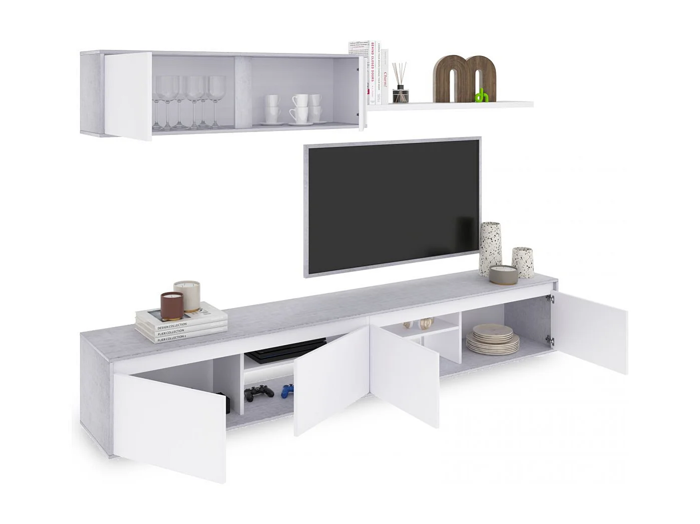 Salón con mueble de TV y estantería en blanco mate y gris cemento 200 cm Arlet Blanco Artik (Blanco Mate) - Gris Cemento