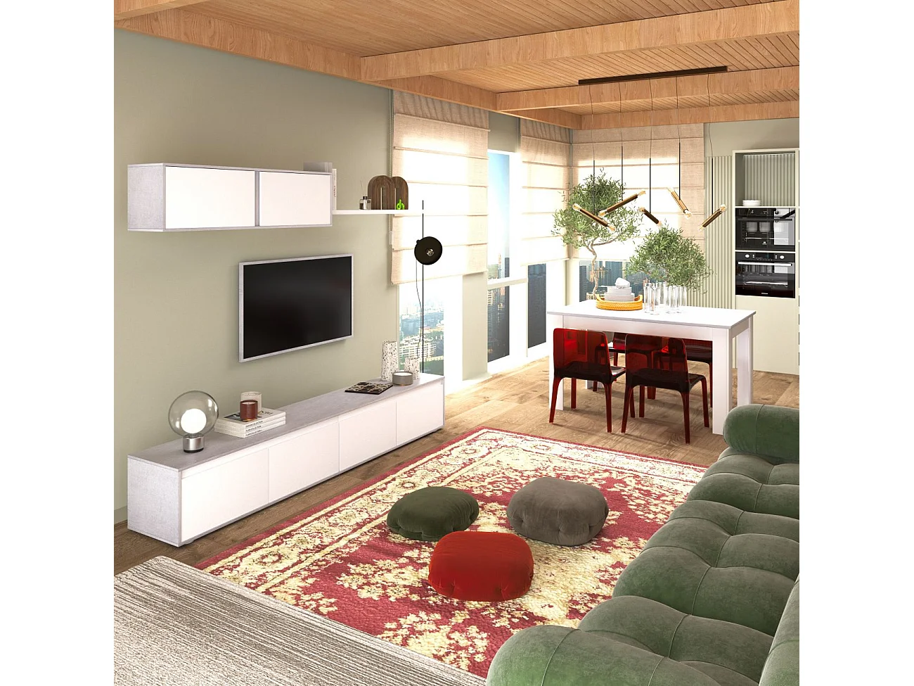 Salón con mueble de TV y estantería en blanco mate y gris cemento 200 cm Arlet Blanco Artik (Blanco Mate) - Gris Cemento