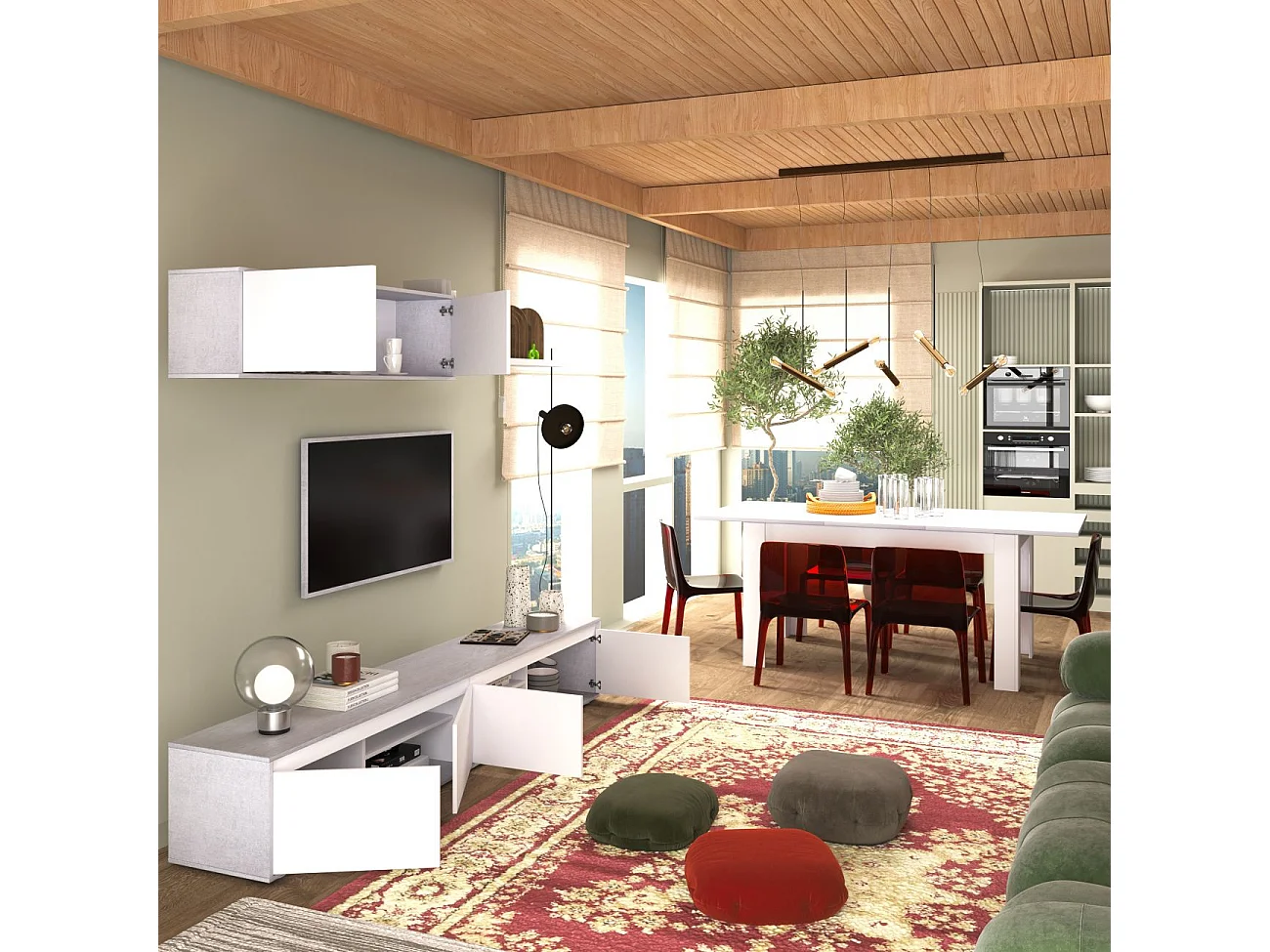 Salón con mueble de TV y estantería en blanco mate y gris cemento 200 cm Arlet Blanco Artik (Blanco Mate) - Gris Cemento