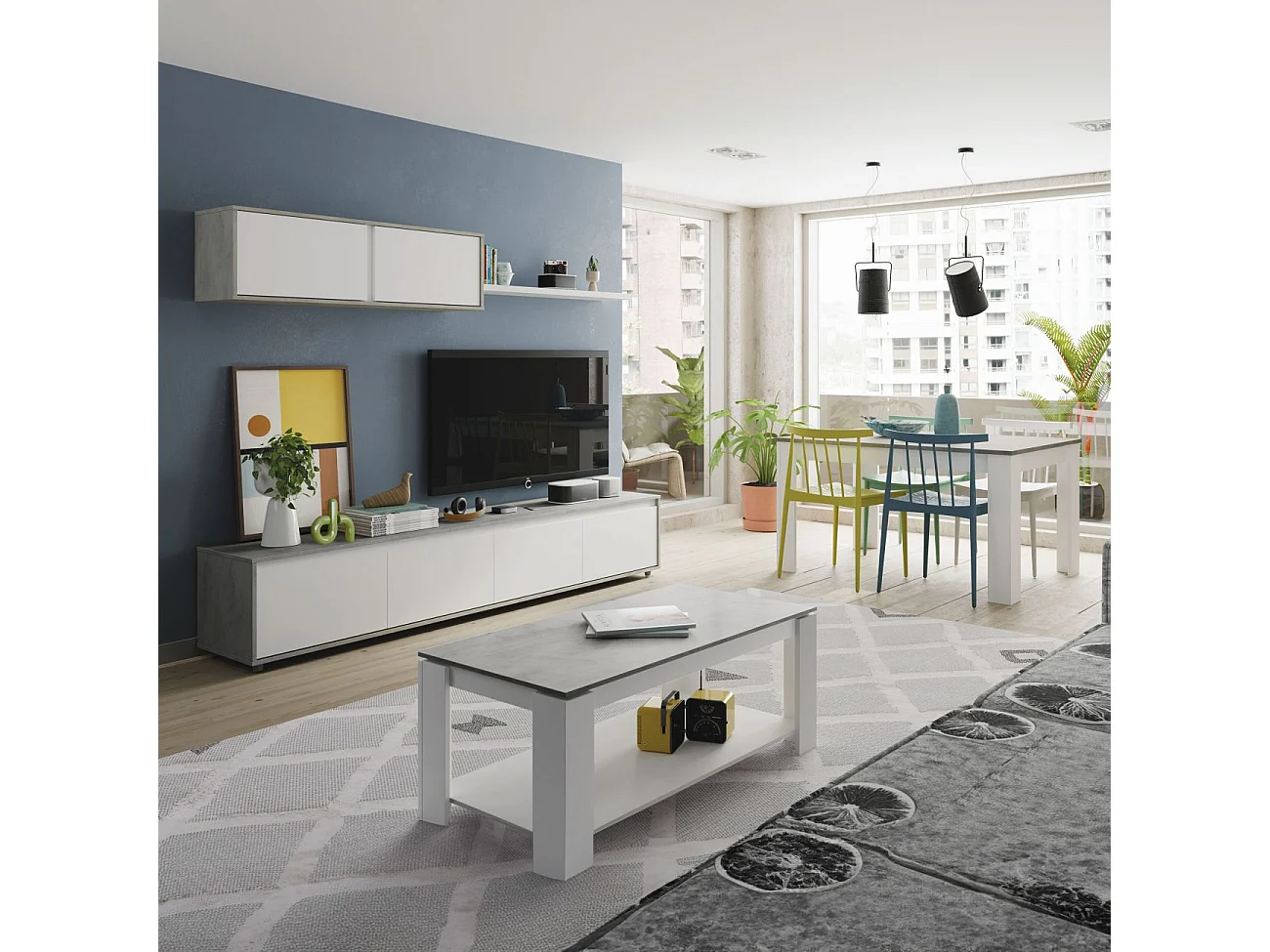 Salón con mueble de TV y estantería en blanco mate y gris cemento 200 cm Arlet Blanco Artik (Blanco Mate) - Gris Cemento