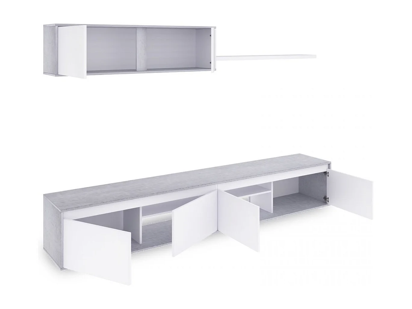 Salón con mueble de TV y estantería en blanco mate y gris cemento 200 cm Arlet Blanco Artik (Blanco Mate) - Gris Cemento