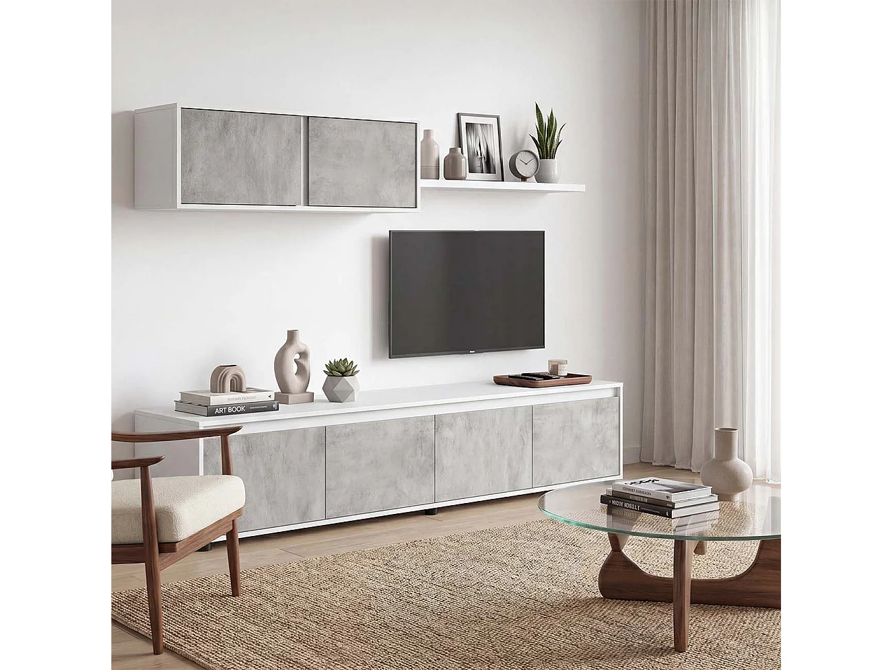 Salón con mueble de TV y estantería en blanco artik y gris cemento 200 cm Arlet Blanco Artik (Blanco Mate) - Gris Cemento
